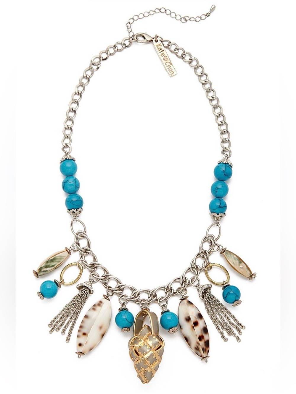 Statement Necklace in Turquoise Beads Shell Charms and Woven Pendant  🩵